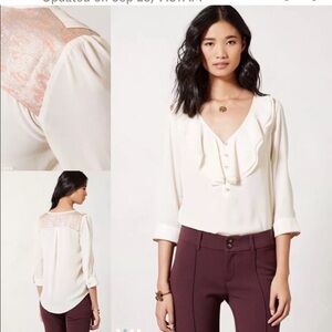 Anthropologie HD in Paris Elegant Cream Elinor Blouse with ruffle neckline